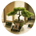 Image of a bonsai tree, with a set of 7 Stones Acupuncture and Wellness Center business cards.